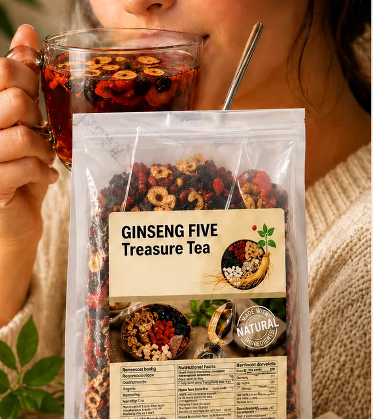 Ginseng Five Treasures Tea and herbal ingredients
